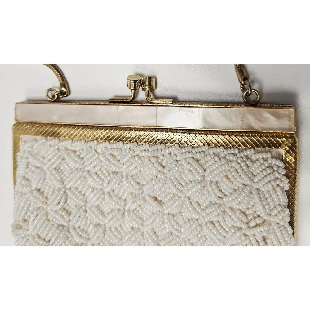 Vtg Walborg Micro Beaded Evening Bag w/Kiss Lock, Mother Of Pearl Trim HongKong